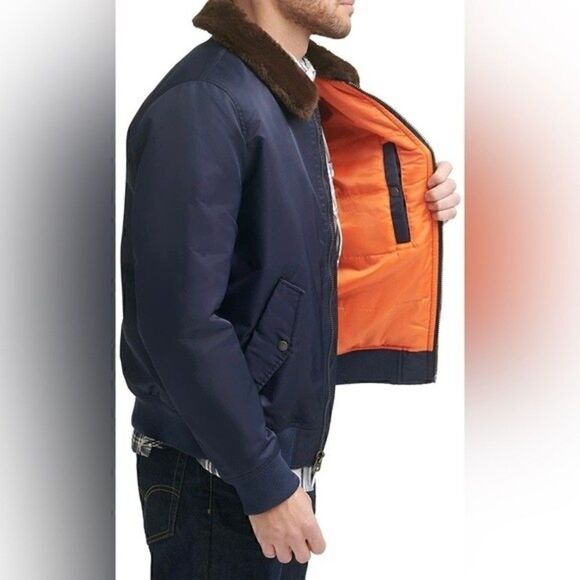 New LEVI'S Men's Large Flight Bomber Jacket Faux Fur Removable Collar Navy XL - Picture 6 of 11